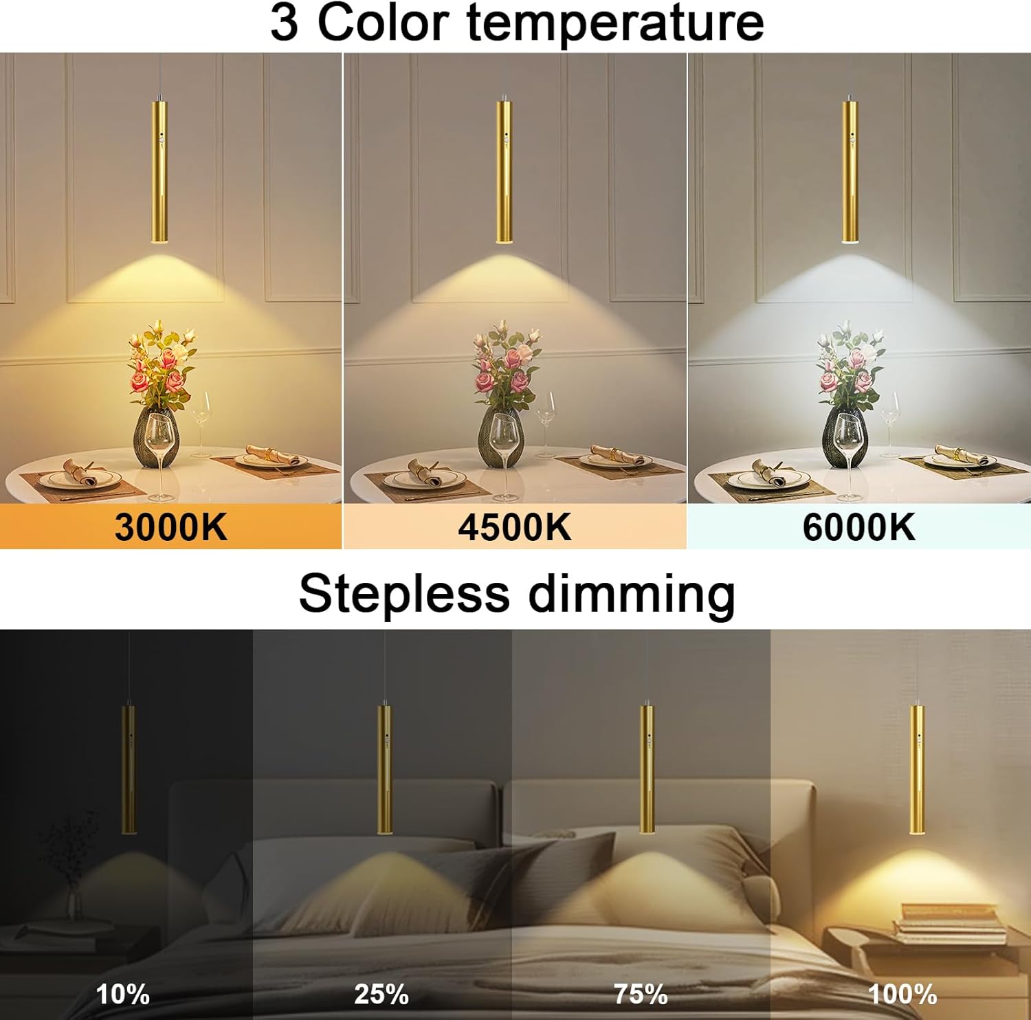 Lightess Battery Operated Pendant Light with Motion Sensor, 3 Color Dimmable Rechargeable Hanging Light with Remote, Modern Gold Pendant Light Fixtures for Dining Room Hallway Bedroom