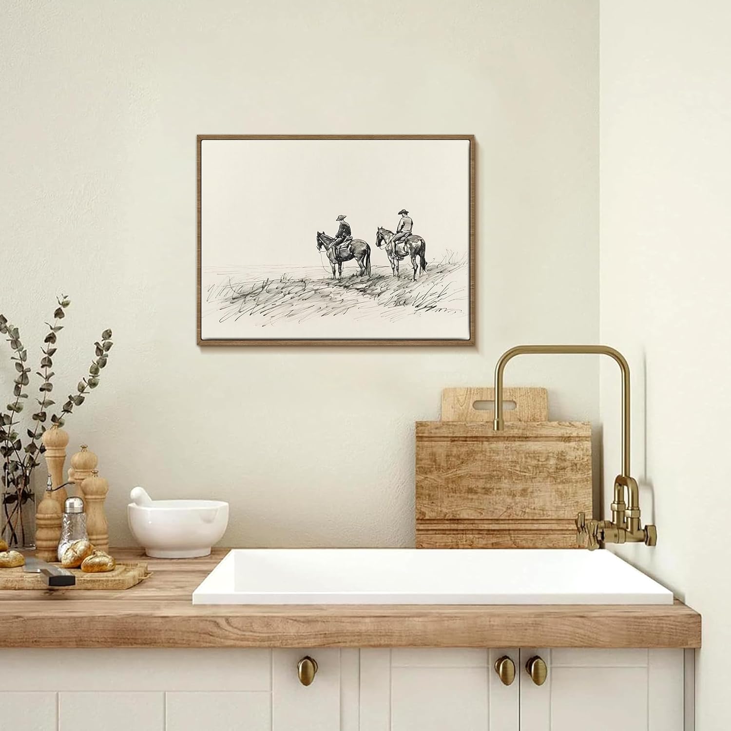 Sketch Cowboys Wall Art Decor Prints (8x10 Framed) Vintage Western Canvas Prints Antique Western Men on Horse Oil Painting, Rustic Country Art Pics for Bedroom, Farmhouse Wall Decor for Bathroom Home