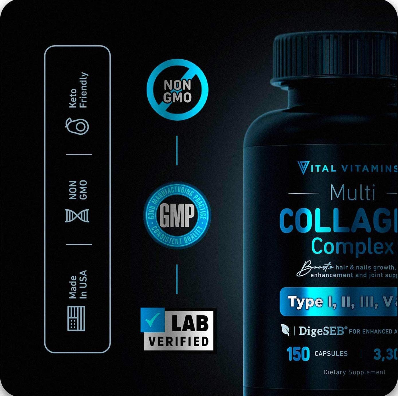 Vital Vitamins Multi Collagen Complex,Capsule (2 Pack) - Type I, II, III, V, X, Grass Fed, Non-GMO