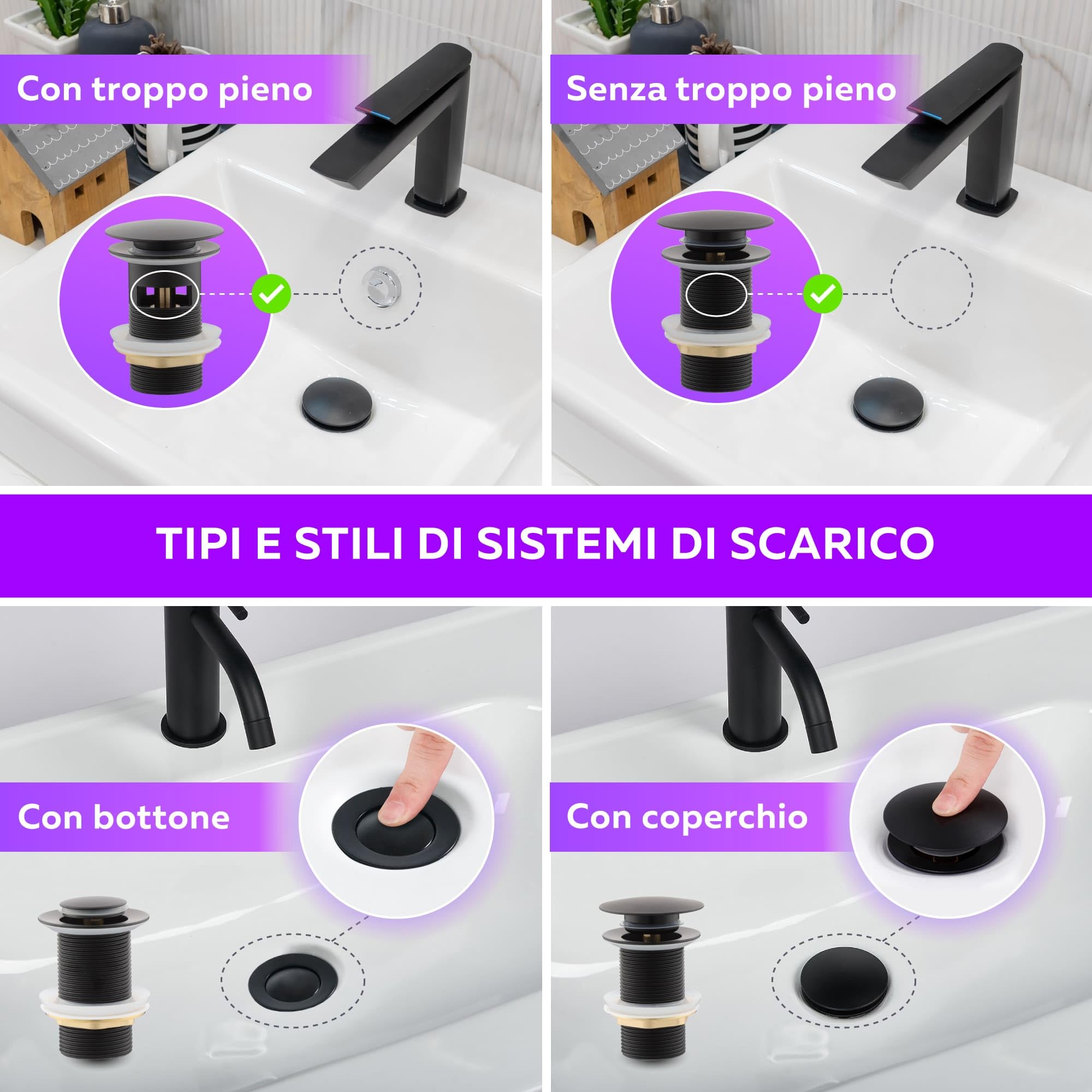 Piletta Lavabo Senza Troppopieno - Nero Opaco, Click Clack, Per Bagno E Cucina - Foto 4