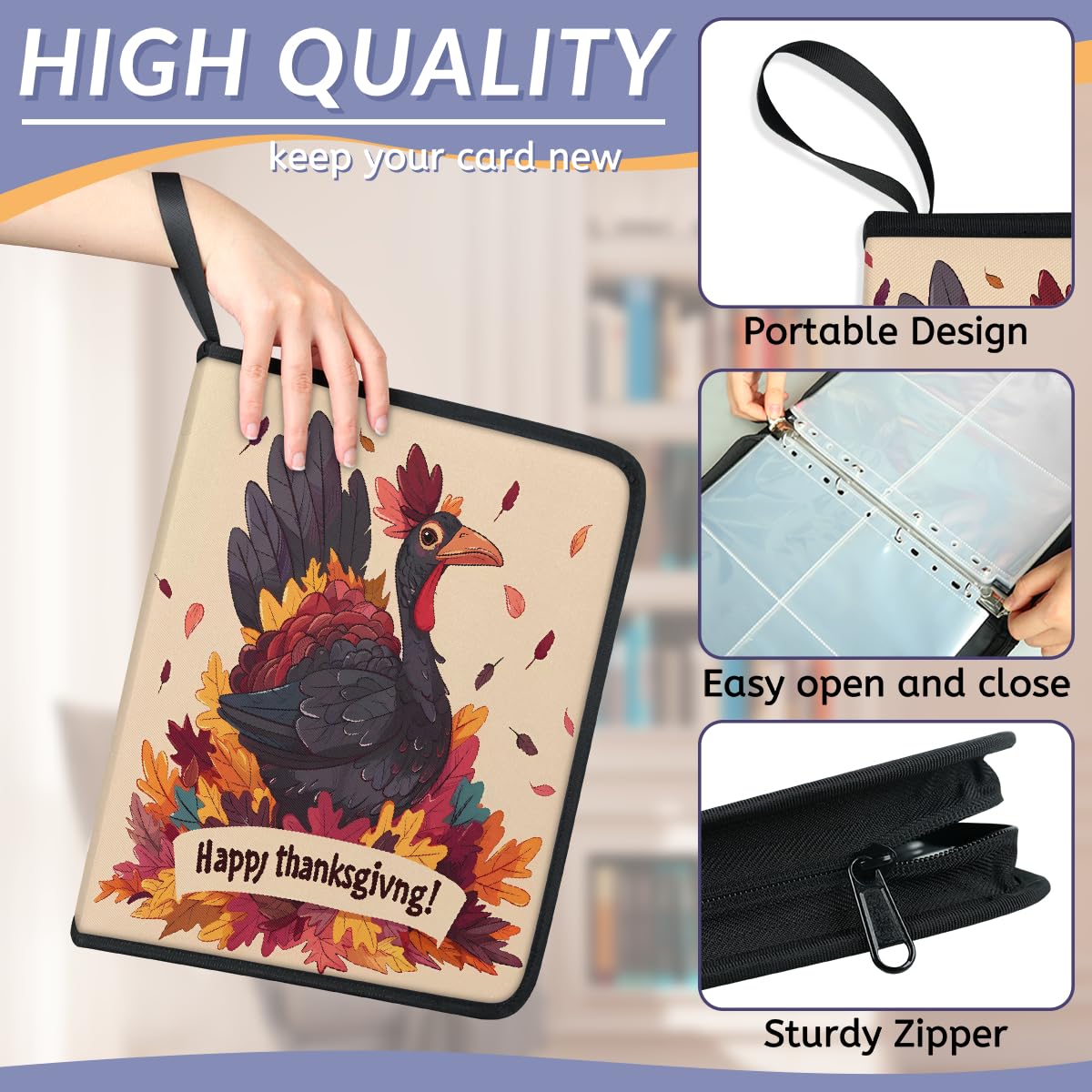 Raccoglitore per carte collezionabili con 4 tasche per il Ringraziamento, con foglie autunnali, con maniche rimovibili, impermeabile, con cerniera, 50 pagine, capacità 400 carte