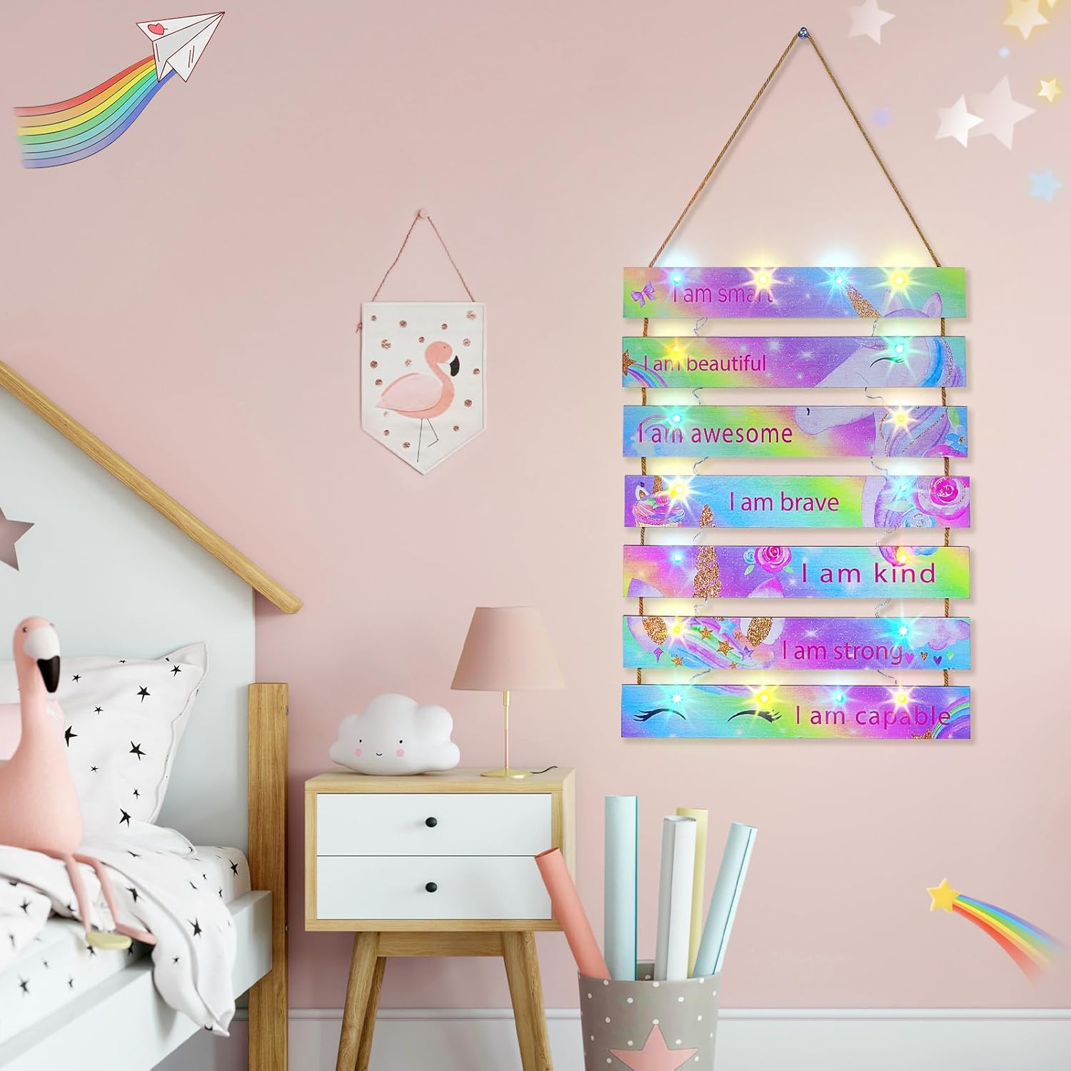 FIOBEE Girls Room Décor for Teen Girls Boys with LED Light Wall Decor for Bedroom Motivational Inspirational Wall Art Girl Room Decoration for Kids Studyroom, 8 Kinds of Lights, Rainbow Unicorn - Image 2