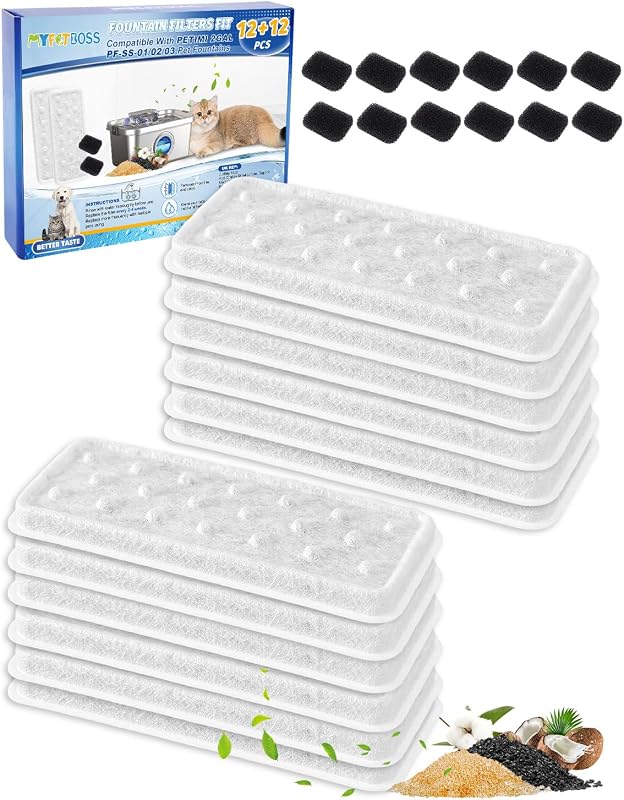 Refil para Fonte de Água para Cães e Gatos com Filtro e Esponja para Modelos PF-SS-01/02/03/04, Pacote com 12