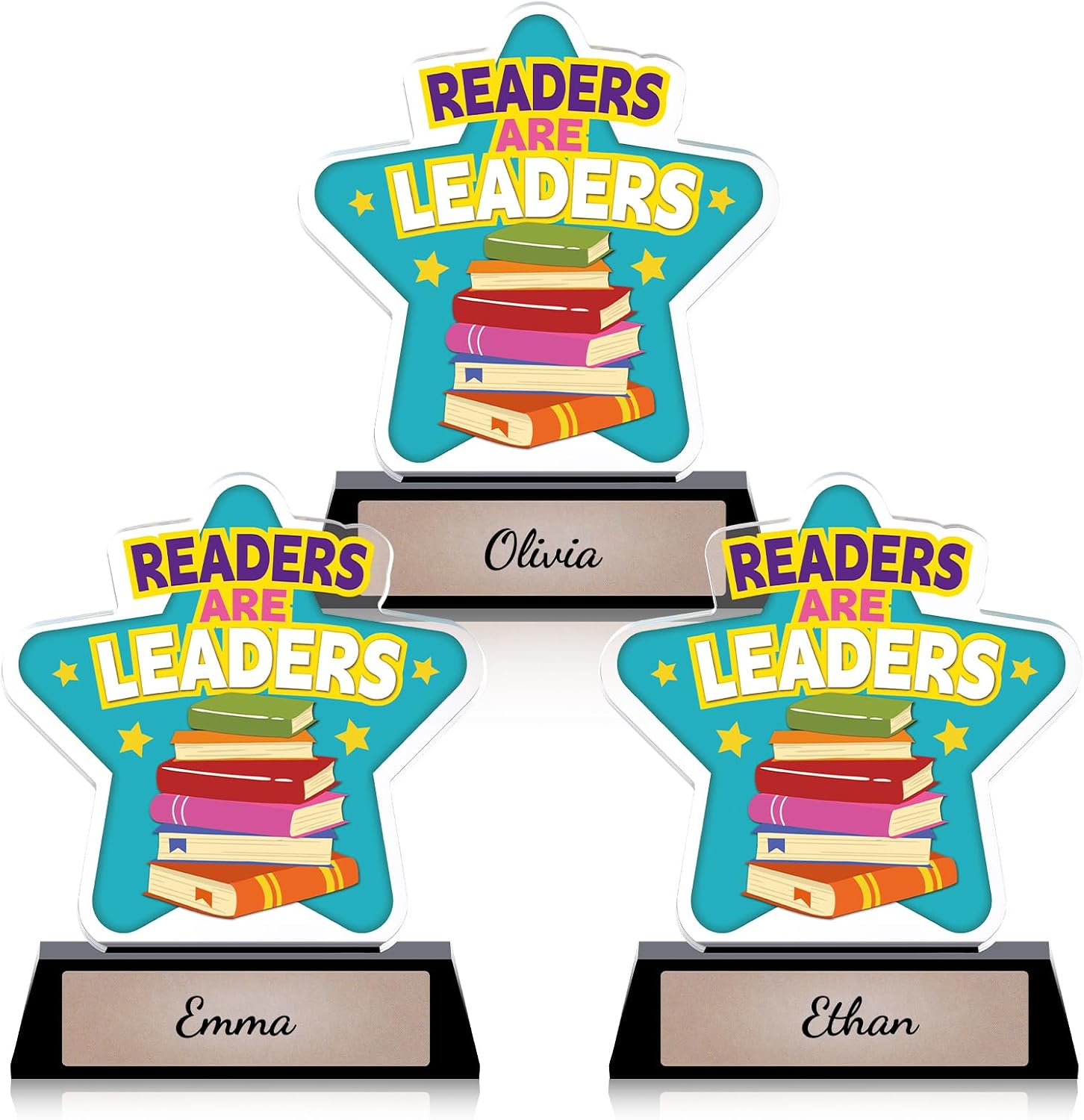 MTLEE 3 Pack Readers are Leaders Trophy, 5" Acrylic Reading Award with DIY Stickers & Gold Writable Base for Scholastic Reading Competitions Book Lovers Library Recognition