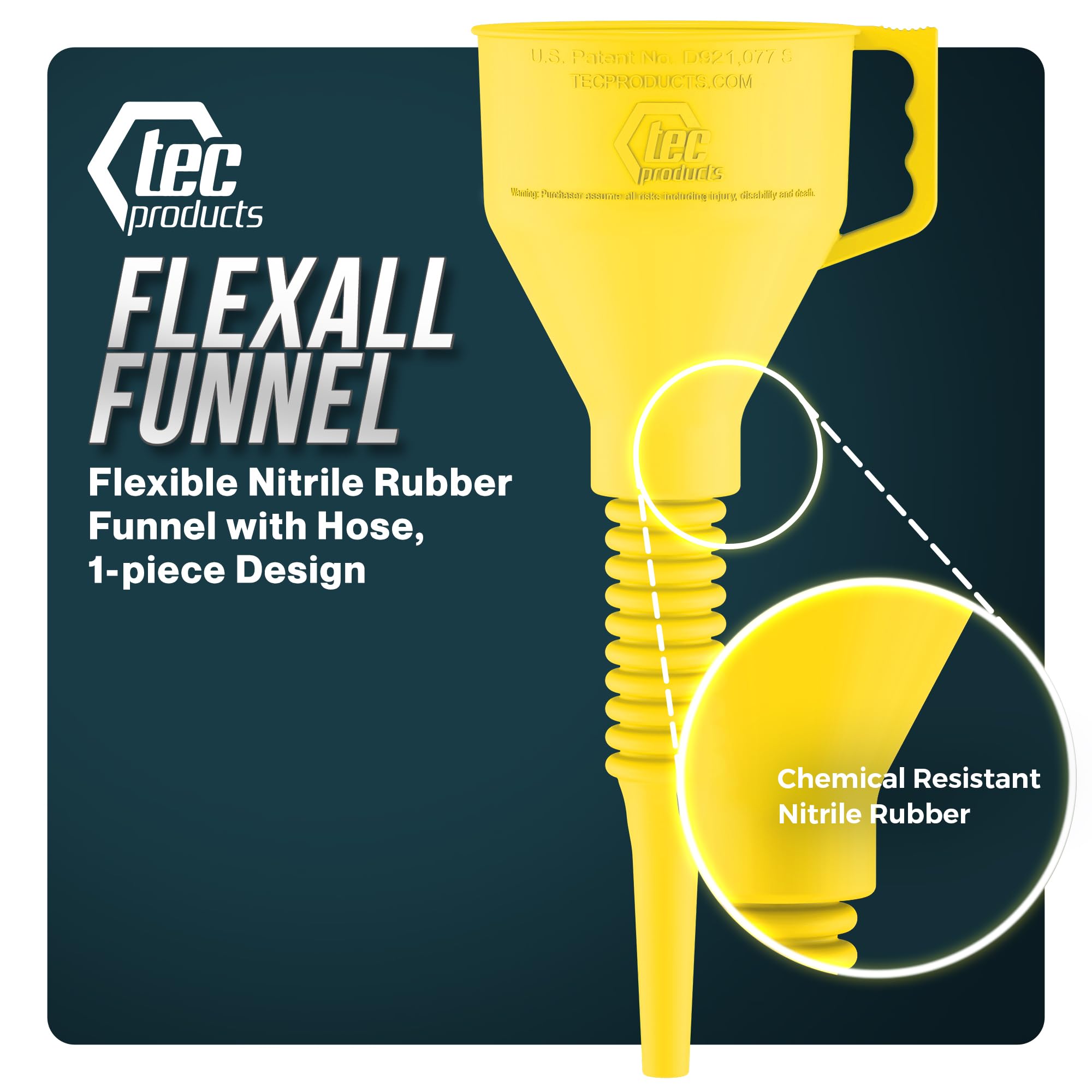 TEC Products FlexAll Funnel - Long Flexible Funnel with Hose for Automotive Use - Durable Nitrile Rubber - Ideal for Car Oil Change, Transmission Fluid, Diesel, Fuel, Gas & More - Made in USA