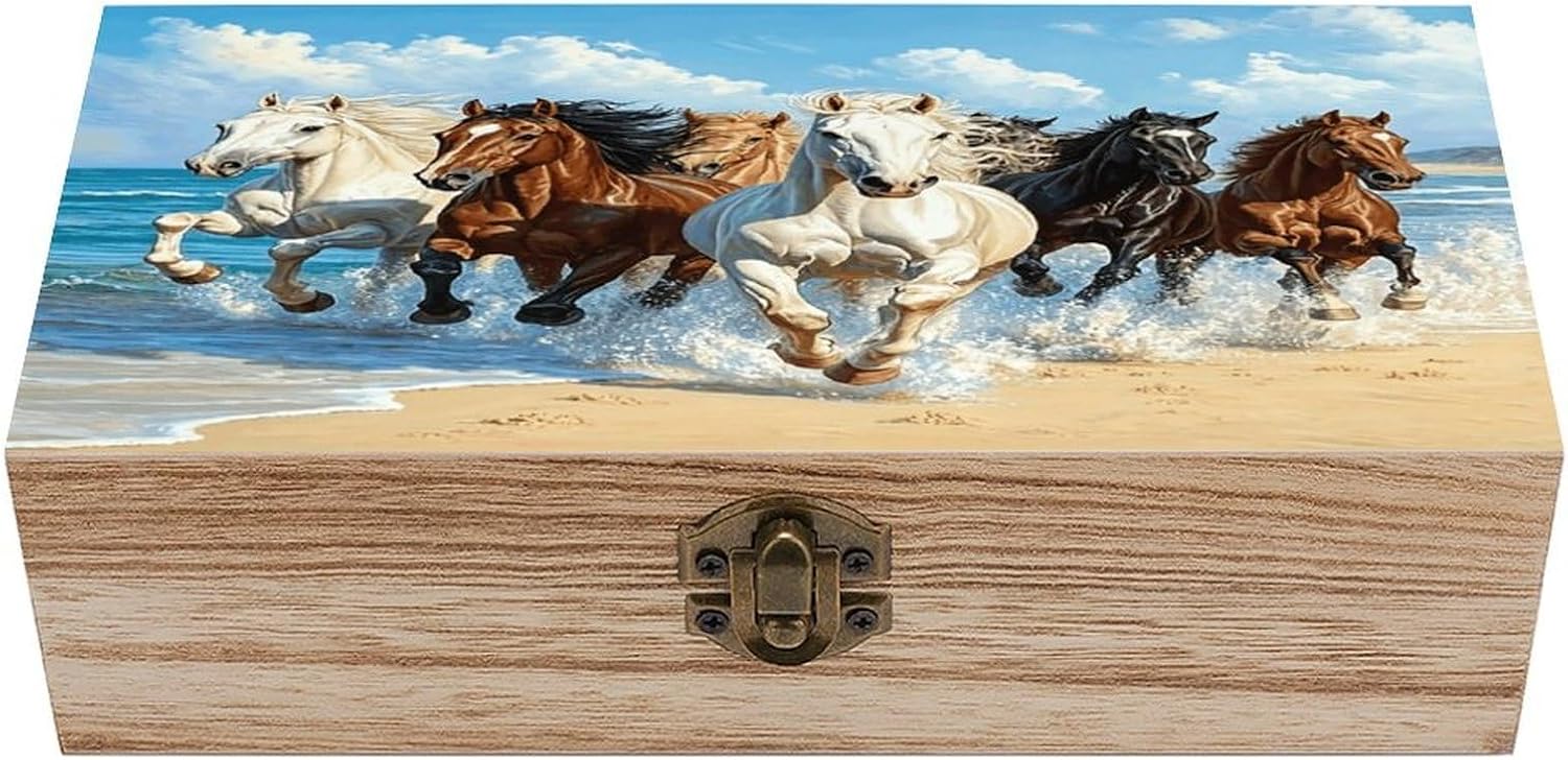 Beach Horse Wooden Storage Box Elegant Retro Jewelry Box