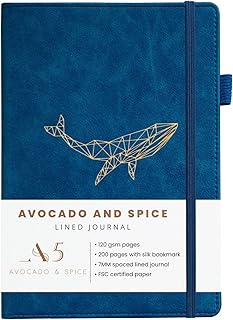 A5 Notebook Travel Journal by Avocado and Spice® A5 Notepad Hardback Daily Planner - A5 Lined Notebook with Bookmark, Elastic Strap, Pen Holder, 200 Pages (Blue, Lined)