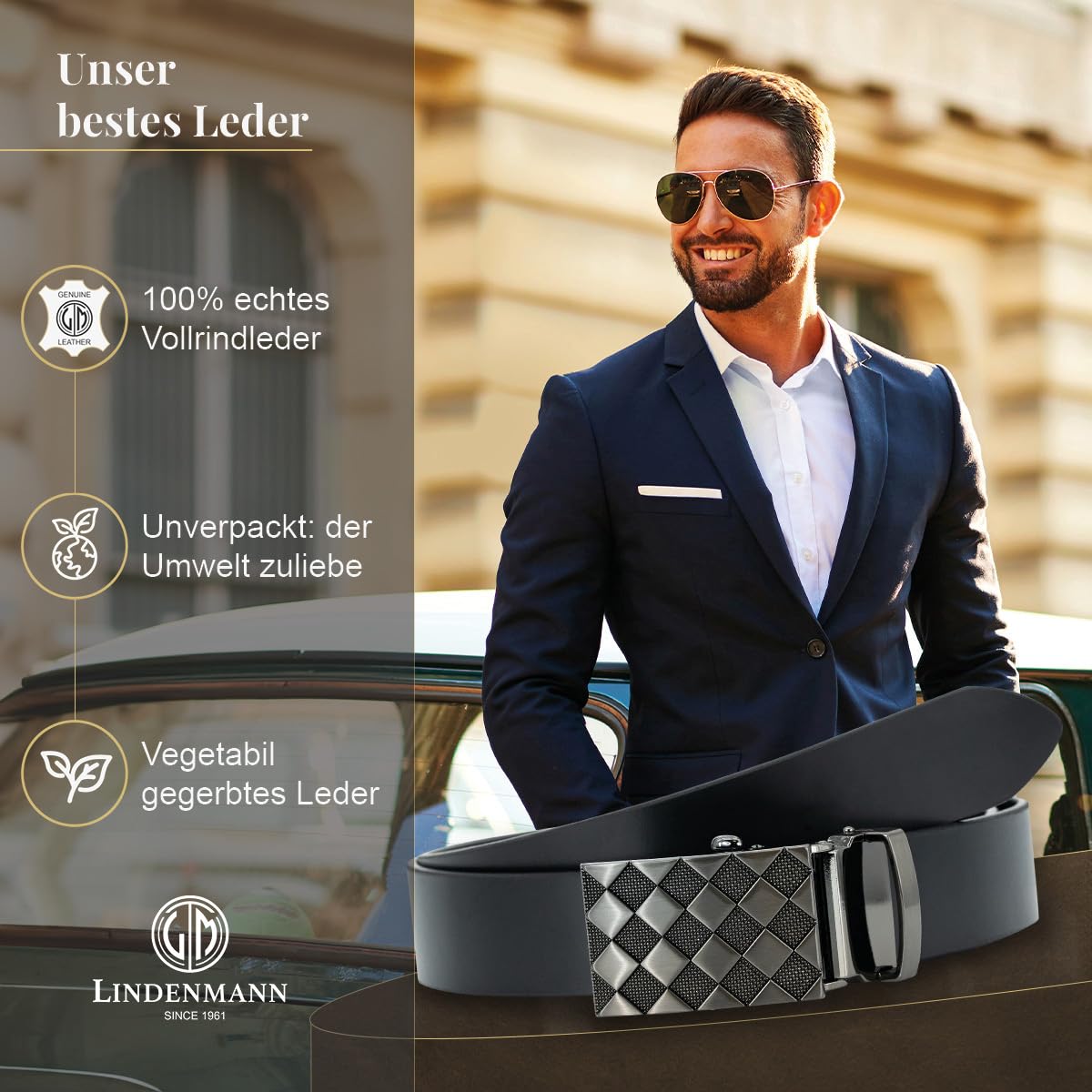 LINDENMANN Automatik-Gürtel Herren Echt-Rindleder schwarz