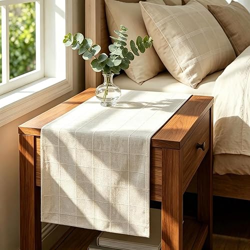 yuboo Beige Checked Table Runner 36 Inches, Small Cotton Linen Plaid Table Scarf for Dresser, Coffee Table, End Table, Desk, Neutral Nightstand Cover, Spring Summer Textured Woven Farmhouse Decor