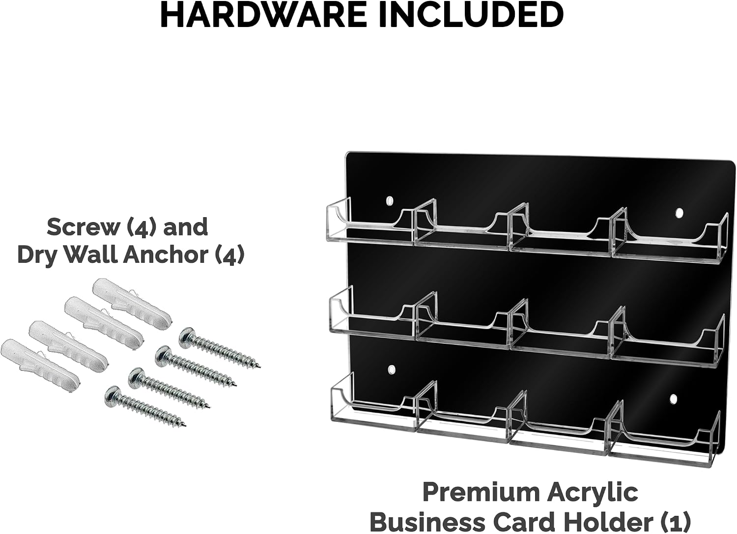 Marketing Holders Wall Business Card Holder with Hanging Hardware for 3.5" x 2" Gift or Appointment Cards 12 Slots Clear on Black Acrylic