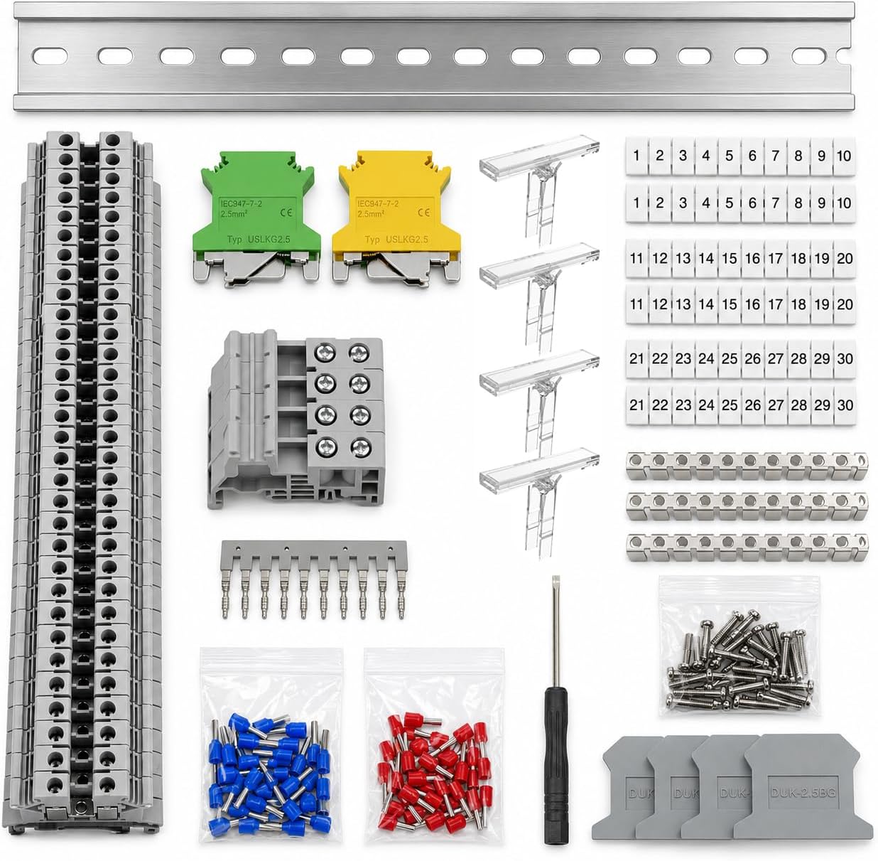 Erayco DIN Rail Terminal Blocks Kit, 20Pcs UK-2.5N 12 AWG Terminal Blocks, 2Pcs Ground Blocks, 2Pcs Fixed Bridge Jumpers, 4Pcs End Brackets, 4Pcs End Covers, 4Pcs Marker Strip, 1Pcs 8" Aluminum Rail