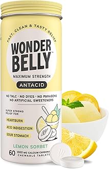 Wonderbelly Antacid, Effective Heartburn and Instant Acid Indigestion Relief, Extra Strength Chewable Tablets, 1000 mg Calcium Carbonate, No Talc or Dye, Lemon Sorbet, 60 Count