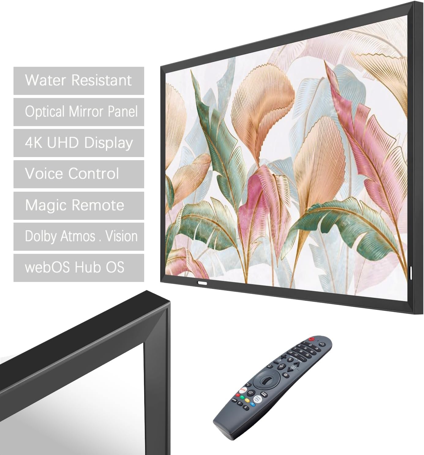Soulaca 43" 4K Smart Mirror TV, webOS, IP65 Waterproof with Black Frame | Mirror When Off, Stunning 4K TV When On. IP65 Waterproof, webOS Smart TV with Voice Control & Streaming Apps.