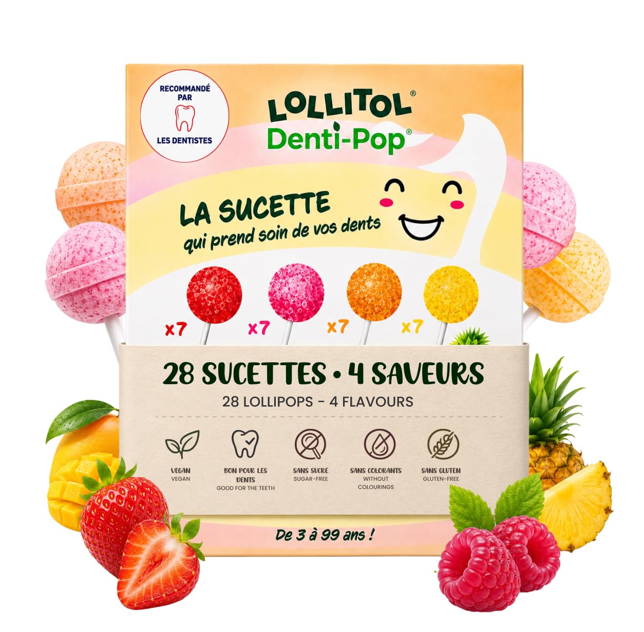 LOLLITOL Sucettes Sans Sucre 28 Pièces – Bonbon Sans Sucre, Lollipop Vegan Saveurs Fruits (Fraise, Framboise, Mangue, Ananas) – Sans Aspartame, Coffret Découverte