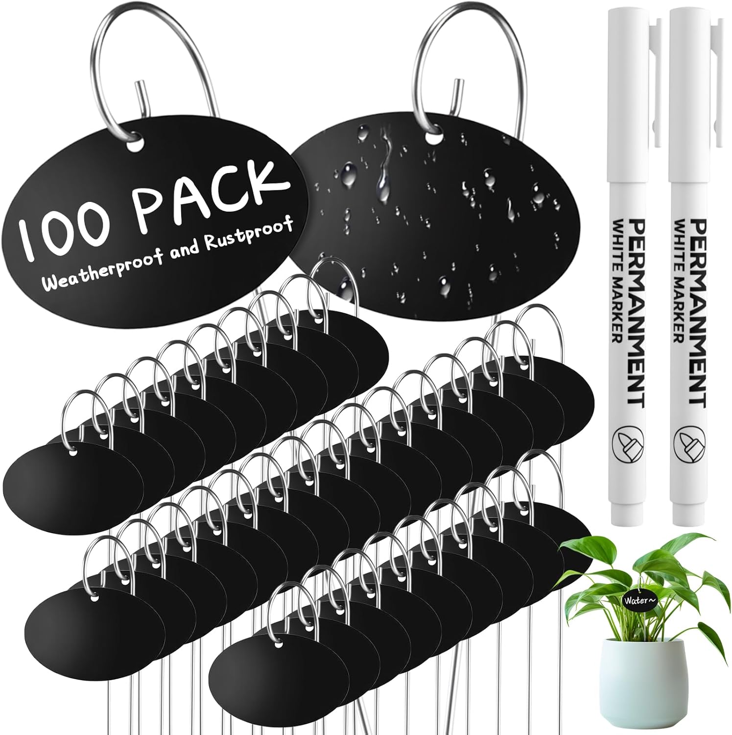 Novabright 100 Pcs Black Acrylic Plant Labels with Metal Stakes 7.9 Inch Garden Markers Plant Labels Waterproof Weatherproof Reusable Tags with 2 Marker Pens for Outdoor Potted Plants, Seed, Flowers