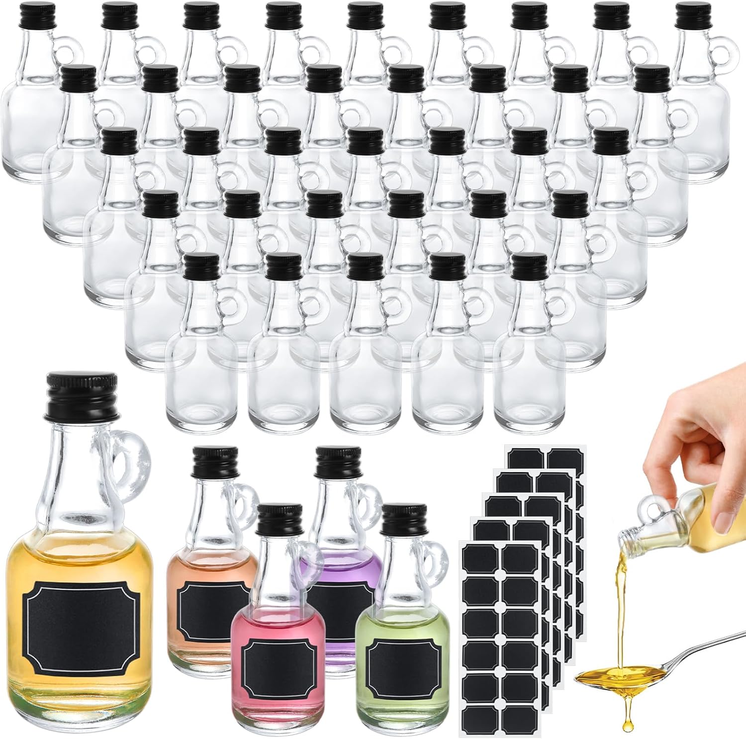 36 PCS Glass Syrup Bottles 1.7 oz Mini Empty Maple Syrup Bottles with Loop Handle, Reusable Clear Glass Maple Syrup Jar Containers, Small Glass Jars for Oil Storage Potion Juice Sauce Storage