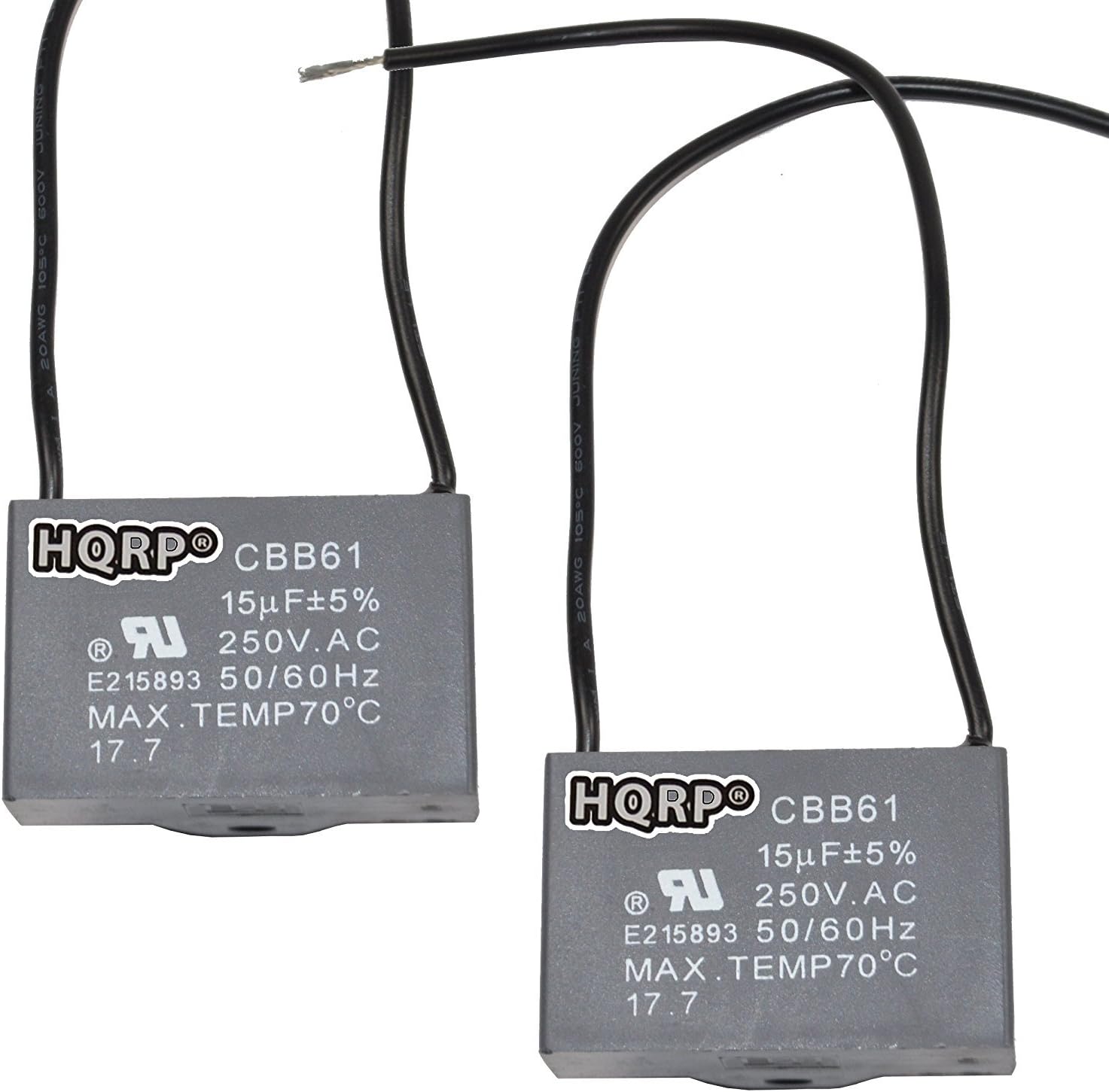 HQRP 2-Pack Ceiling Fan Capacitor CBB61 15uf 2-Wire UL Listed