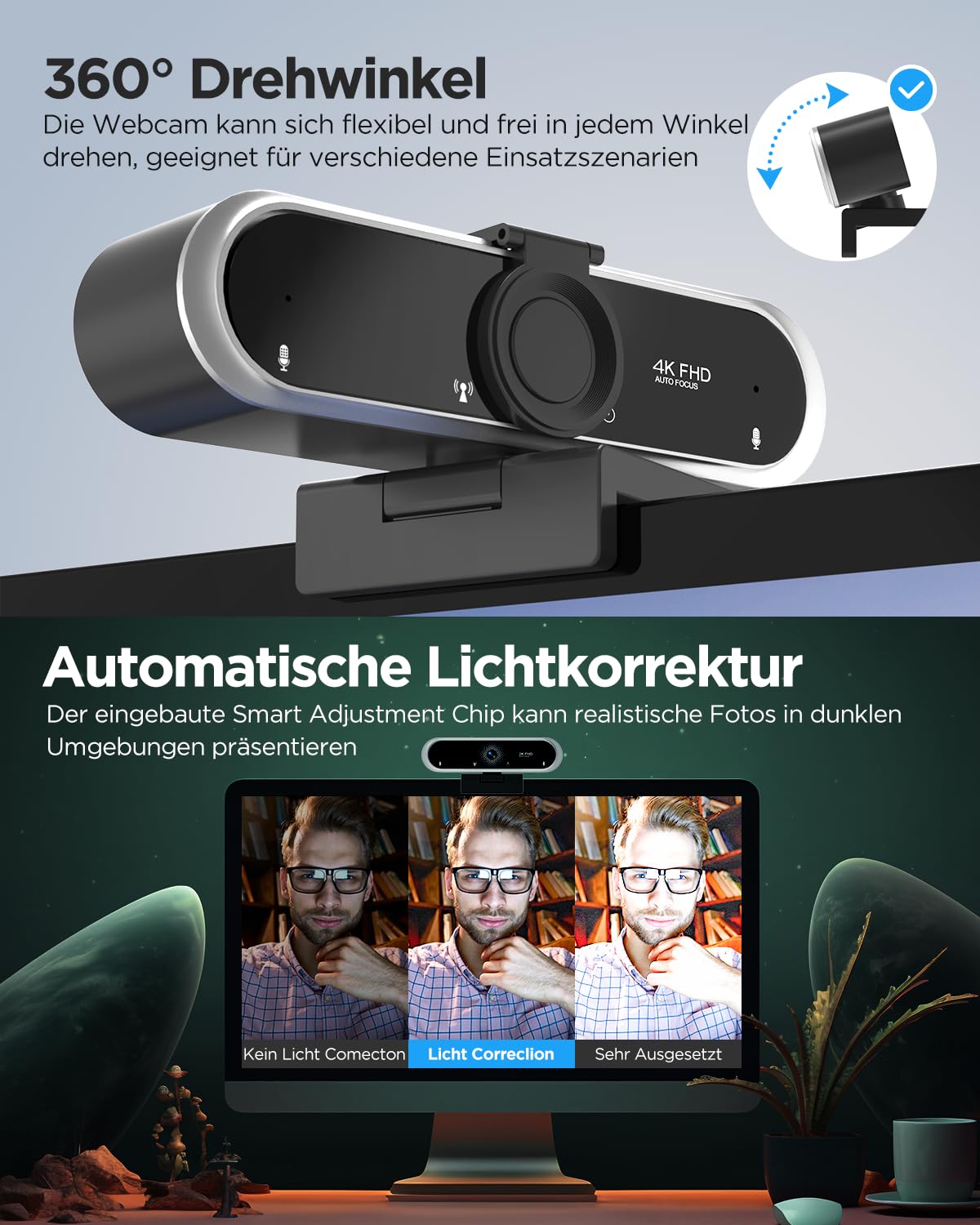NIVEOLI Webcam 4K con microfono e copertura webcam, treppiede, desktop, per streaming live videochiamata, conferenza, lezioni online, gioco plug & play con correzione automatica della luce per