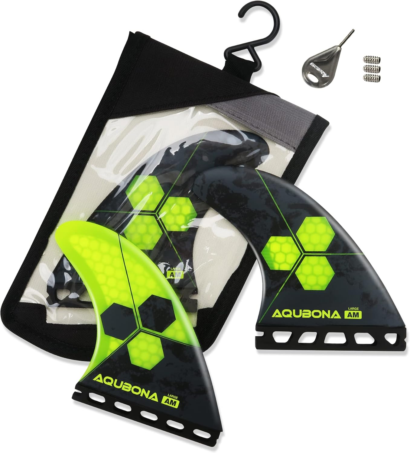 Surfboard Thruster Fins Set 3 Fins, Honeycomb Fiberglass Performance, Single Tab Large Medium AM1, with Fin Bag, Key and Screws, Blue/Yellow