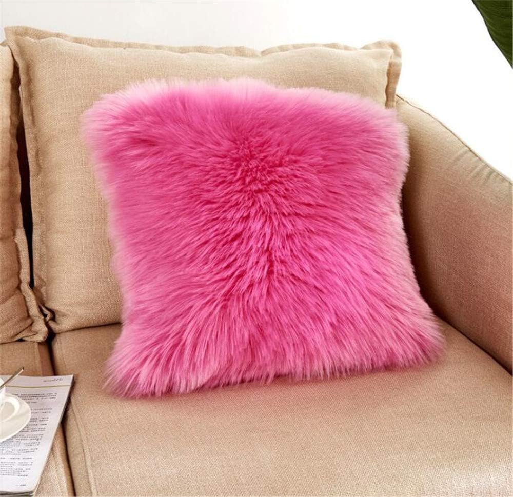 Luxury Long Faux Fur Throw Pillow Case Super Soft Plush Cushion Cover Deluxe Home Sofa Bed Car Party Decorative 18 x 18 Inch Rose Red