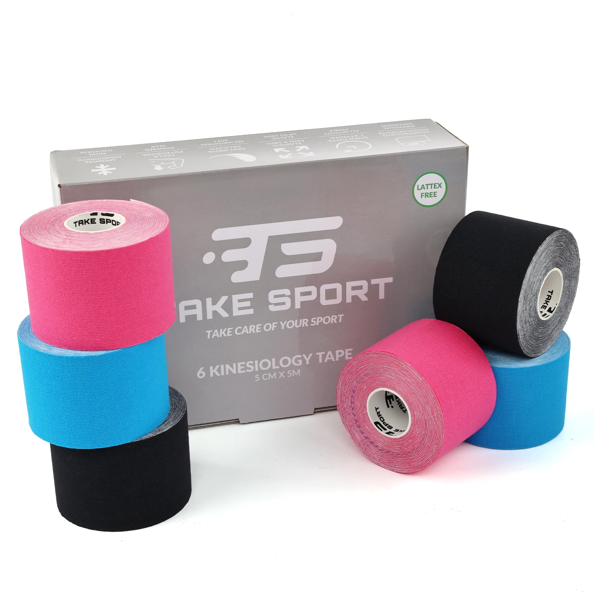 TAKE SPORT, Kinesio, Kinesio tape, Nastro kinesiologico, Tape kinesiologico, Kinesio taping. 6-12 rotoli, 5 x 5m, 95% Cotone 5% Spandex, elastico. (6 Mix)