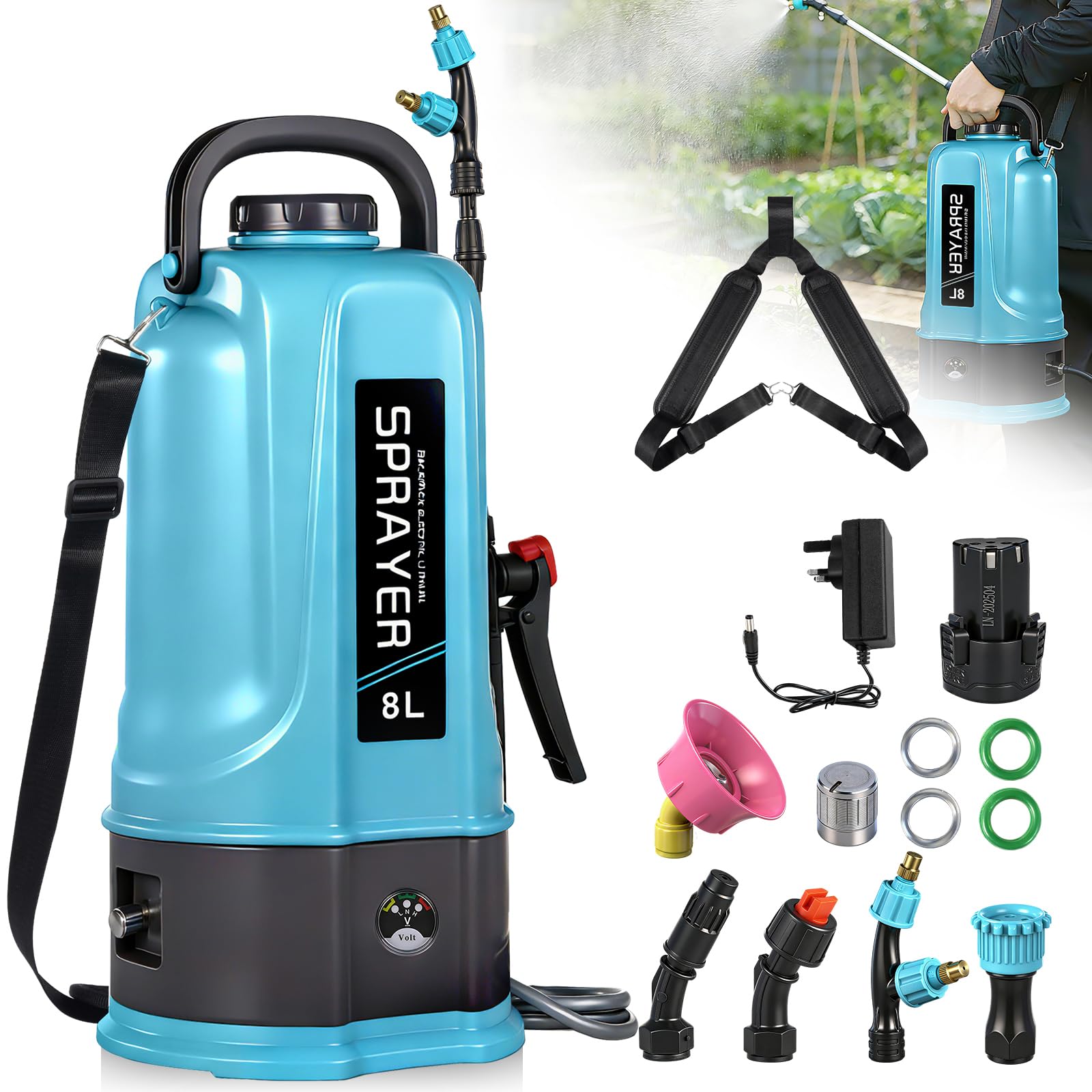 Keleef 8L Electric Garden Sprayer Battery Powered Weed Sprayer with Adjustable Shoulder Strap, Battery Water Sprayer with 5 Nozzles & Telescopic Wand for Plants Patio Garden Lawn Care