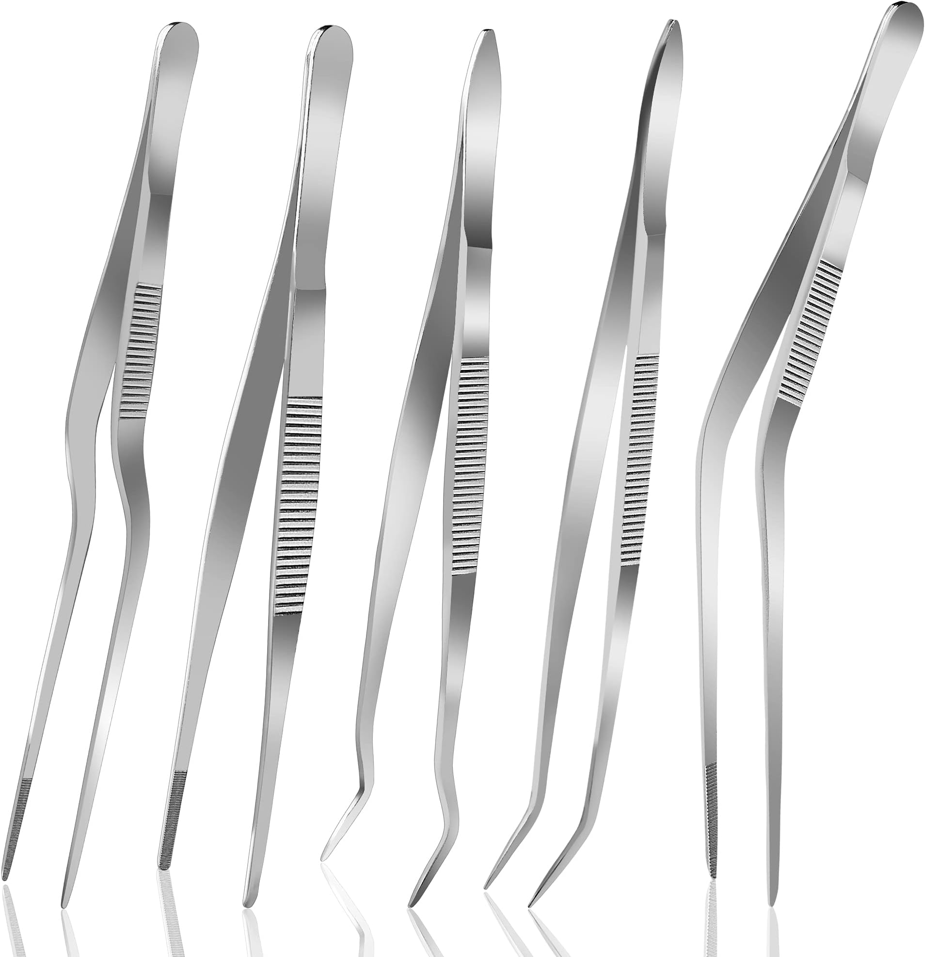 6.3 Inch Food Tweezers Stainless Steel with Precision Serrated Tips, 5PCS Kitchen Tweezers Set for Cooking, Baking, Cookie Cake Decoration, Metal Plating Tweezers