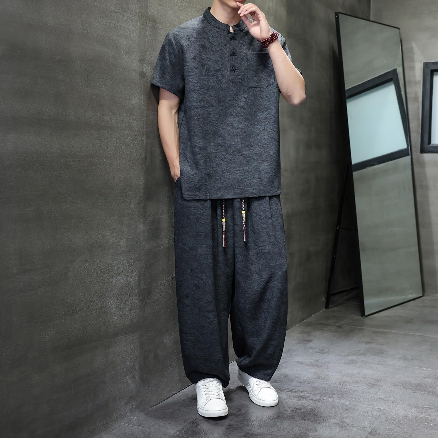 Men's Chinese Style Vintage 2 Piece Set Lightweight Ice Silk Tang Suit Short Sleeve T-Shirt Outfit