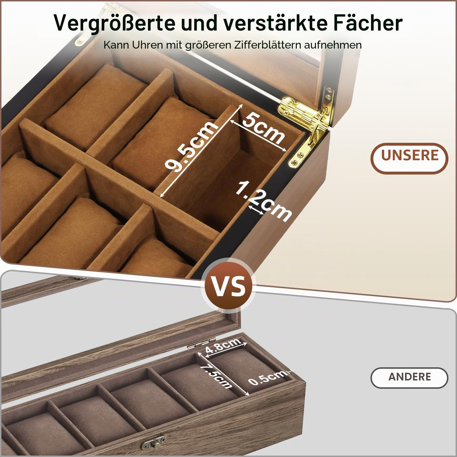 Uten Uhrenbox Holz für 6 Uhren, Uhrenkasten mit Schlüssel,Weiche Kissen & goldenes Schloss, Große Kapazität, Uhrenkoffer als Geschenkidee für Herren und Damen