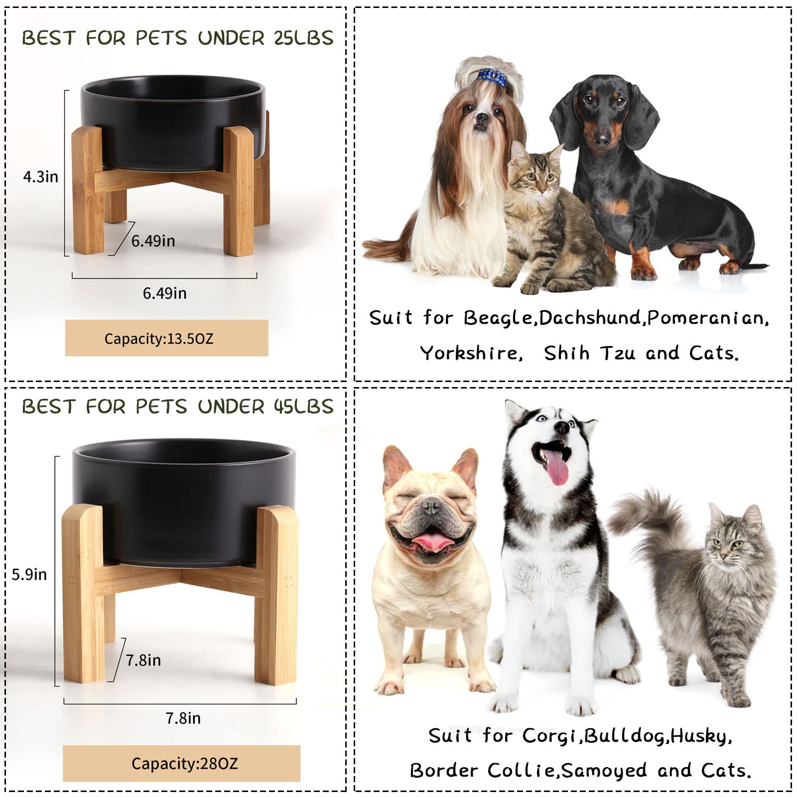 Petygooing 28 OZ Black Elevated/Raised Ceramic Dog Bowl for Small and Medium Breeds, Dog Food Water Dish with Stand,Pet Feeding Bowl with Anti Slip Rubber for Cats Small and Medium Dogs (3.6 Cups)