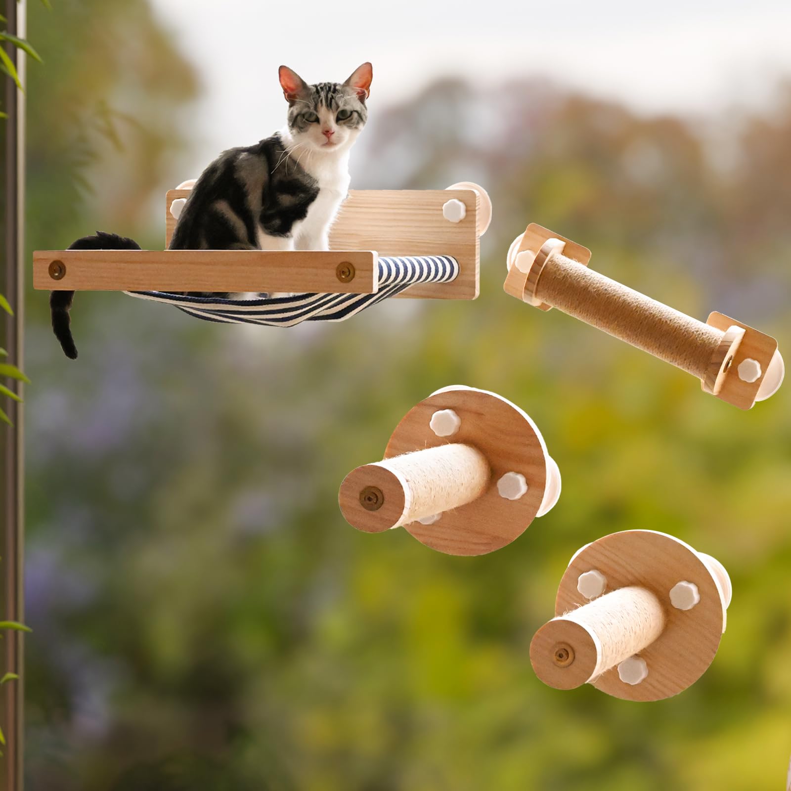 Photo 1 of **FOR PARTS /MISSING INSTRUCTIONS & ASSEMBLY PIECES***Cat Window Perch Hammock with Climbing Steps and Scratching Post Wooden Window Mounted Stairs Cat Bed for Indoor Cats (A)