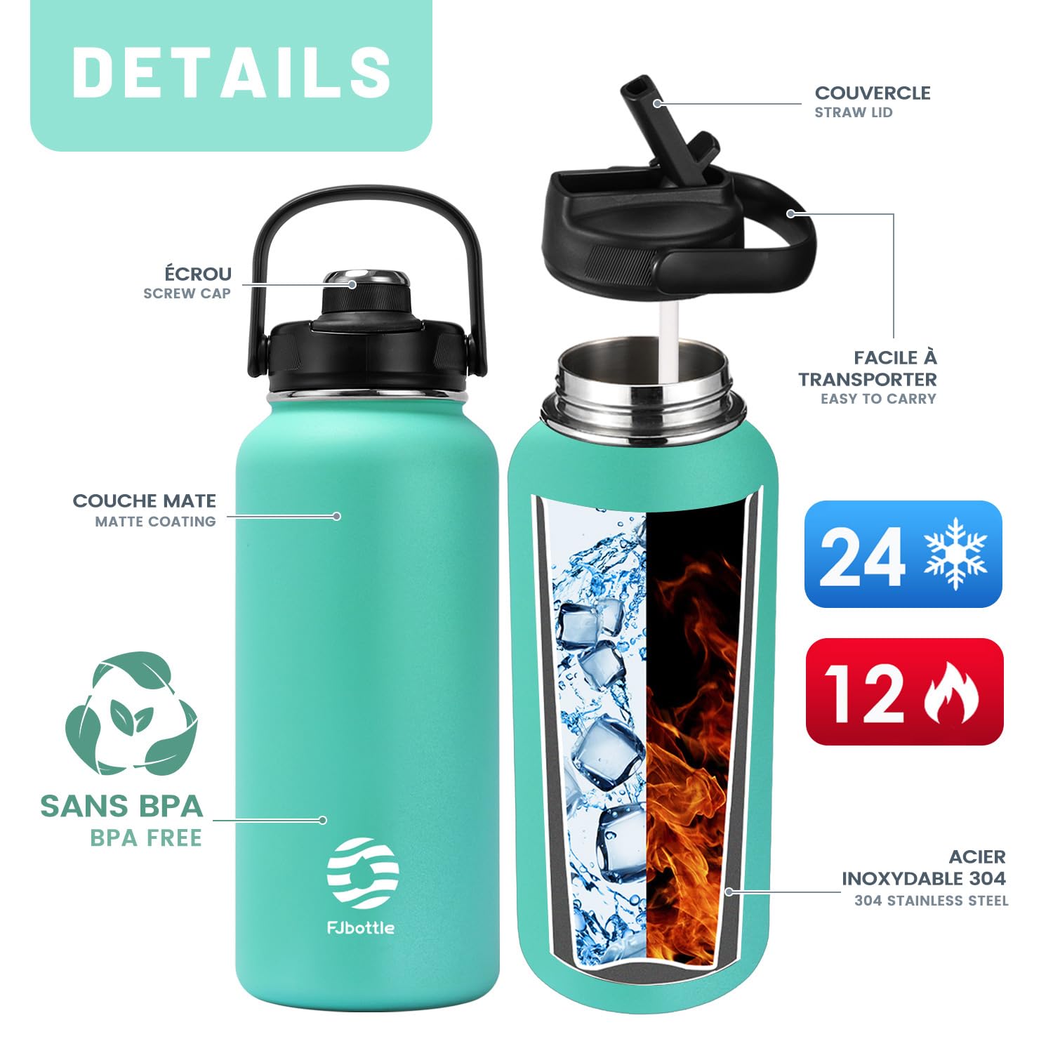 FJbottle Borraccia Termica con cannuccia - 2xTappi - 950ML/1200ML Bottiglia Termica - Senza BPA/Senza Perdite Borracce acciaio inox per Scuola, Sport, Palestra, Ciclismo
