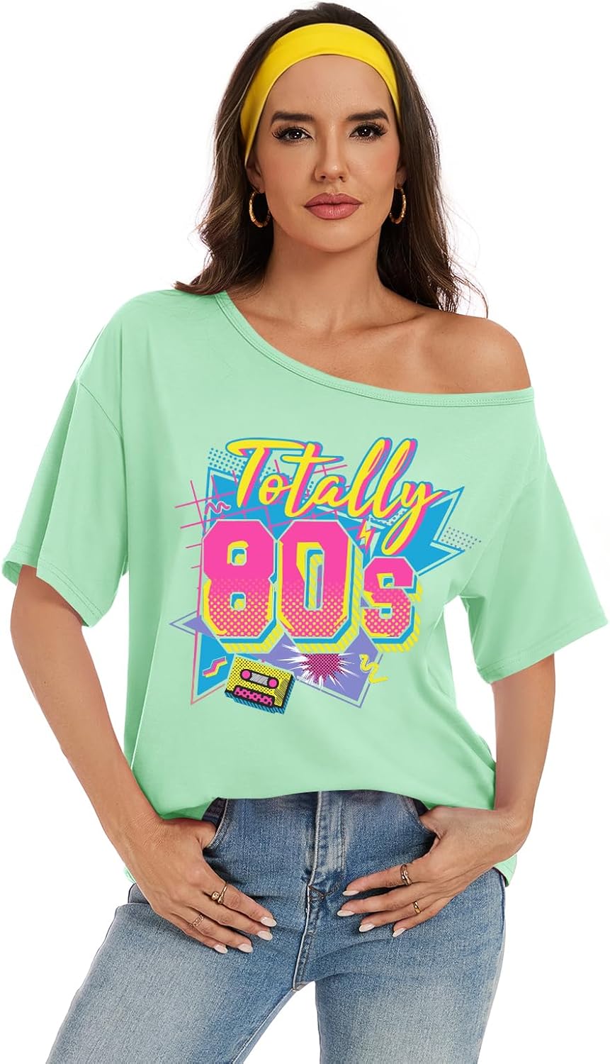 80s Shirts for Women Oversized Retro Off The Shoulder Top Disco 80s 90s Theme Party Outfit - Image 3