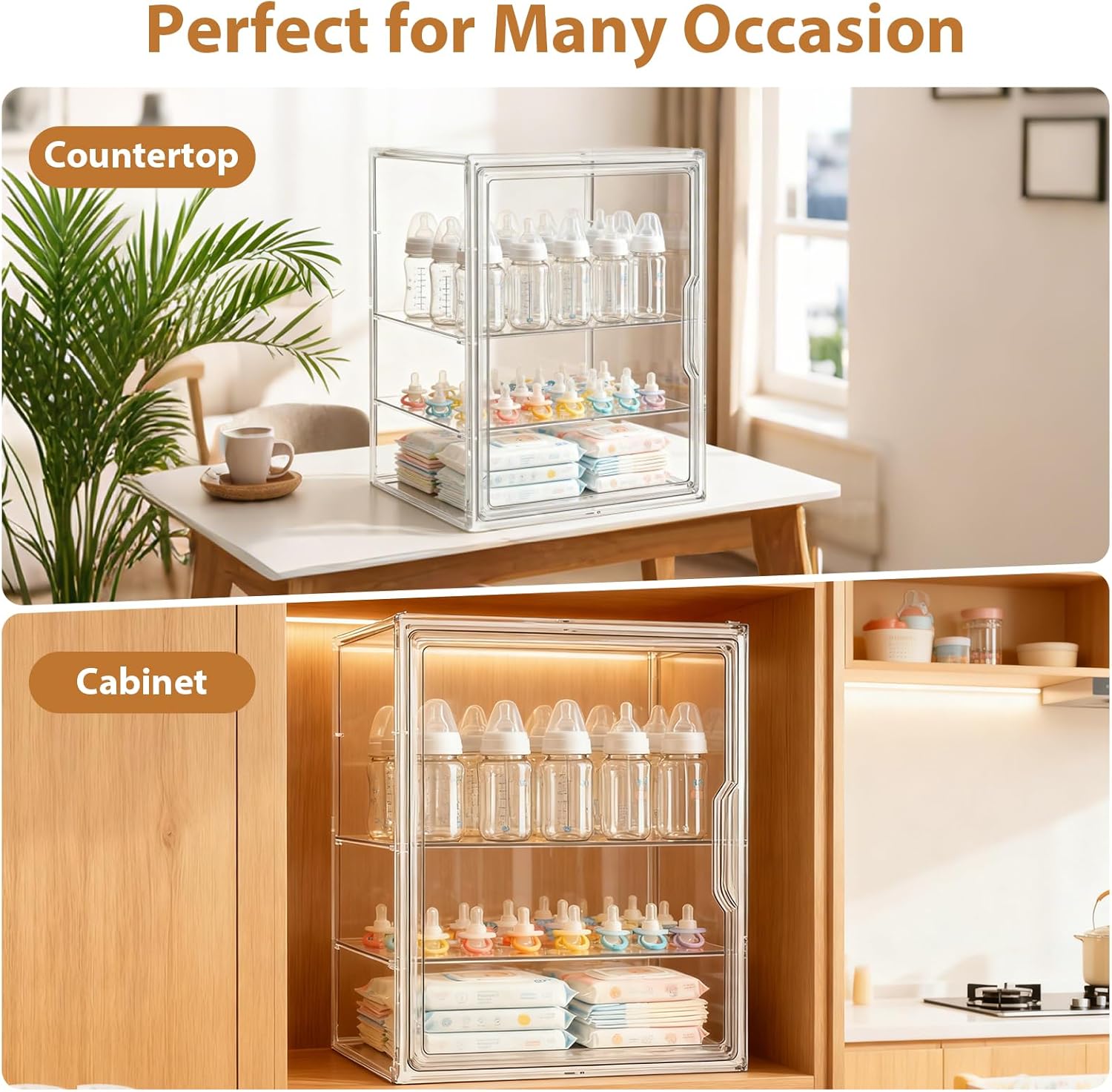Baby Bottle Storage Organizer for Countertop Cabinet, 3-Tier Adjustable Clear Acrylic Bottle Organizer with 2 Removable Dividers & Magnetic Door, Large Capacity Organizer for Countertop