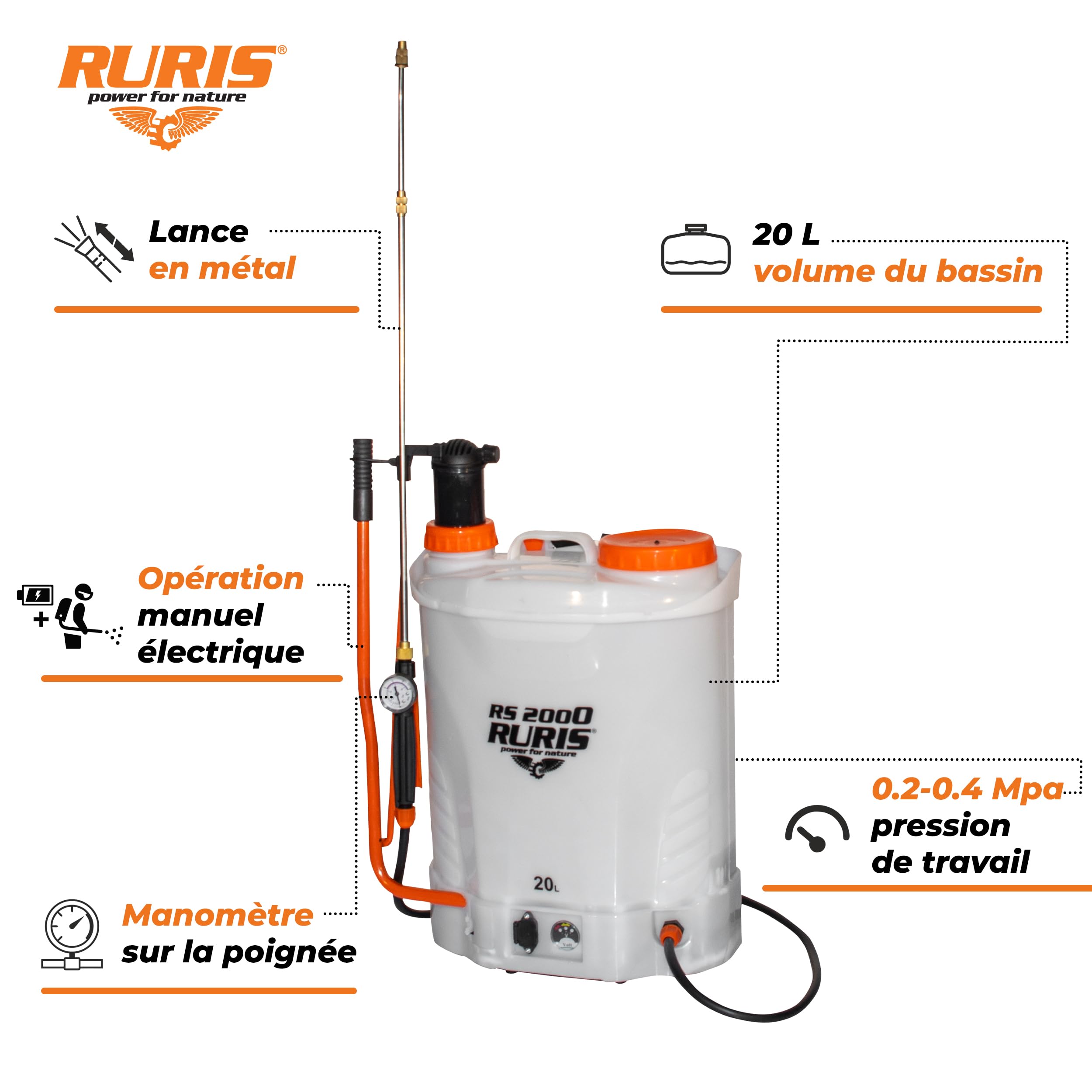 RURIS POWER FOR NATURE RS 2000 opryskiwacz elektryczny i ręczny, zbiornik 20 l, akumulator 12 V 8 Ah, ciśnienie silnika 5,5 bara, ładowarka w zestawie, pomarańczowy