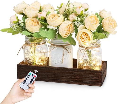 Fowecelt Decoración de mesa con luces de tarro de masón decoración para comedor sala de estar cocina bandeja de madera con 3 frascos de masón centro