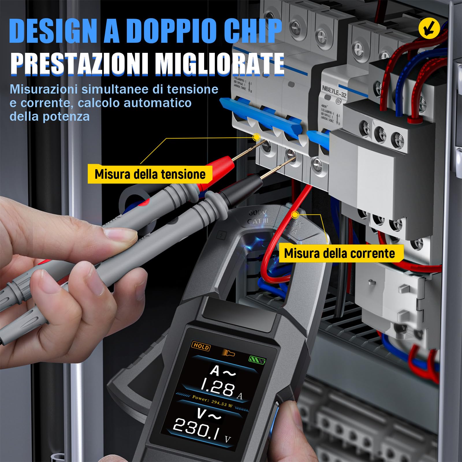 DMC-100 Pinza Amperometrica Professionale Multimetro Digitale,10000 Conteggi Voltmetro,Doppio chip,1500mAh Ricaricabile,Schermo TFT da 2,0″,Tensione,Corrente,Resistenza,Diodi,Temperatura,NCV,Capacità