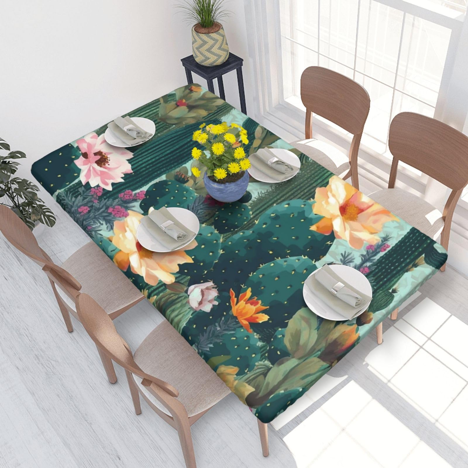 Summer Floral Cactus Waterproof Square Table Cover Elastic Fitted Tablecloth Oil Proof Table Protector For 4ft Table