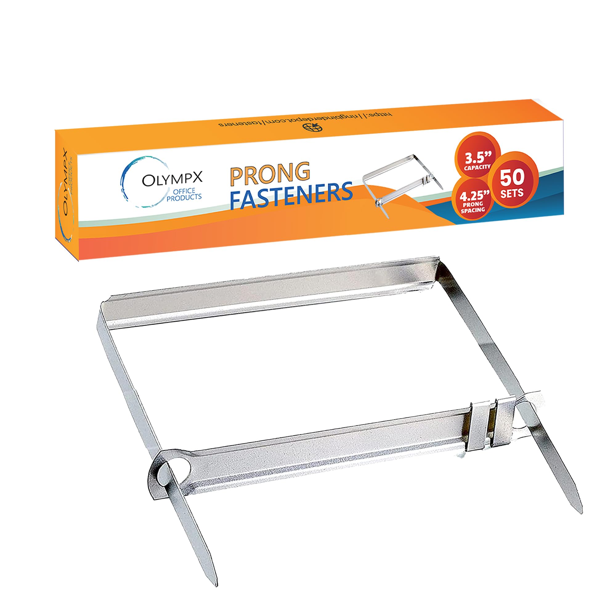 OLYMPX 50 pcs of Premium Prong Fastener Complete Set, 3.5” Capacity x 4.25" Prong Spacing Premium Metal Paper Fastener Base and Compressor Sets with Standard 2-Hole Punch for Home, Work, and School