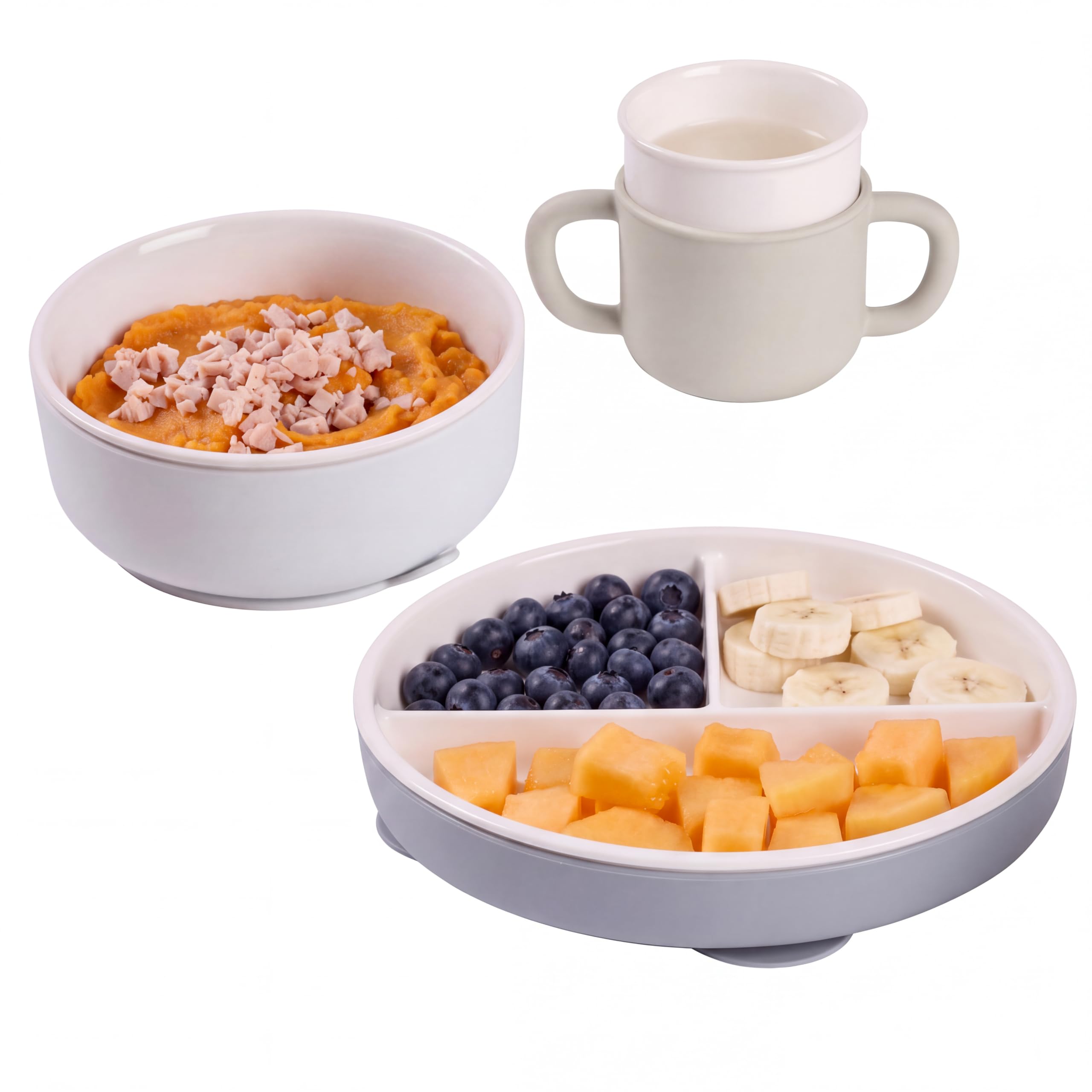 BÉABA, Coffret Repas Bébé Porcelaine, Assiette, Bol et Tasse, Galet