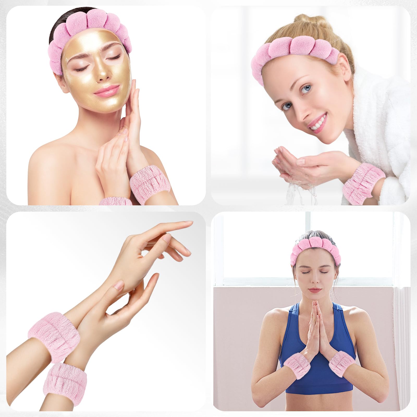 JYOUX 4PCS Fluffy Spa Headbands, Face Band with Wrist, Floral Hairpin for Skin Care Headband and Wristband+Pink - Image 4