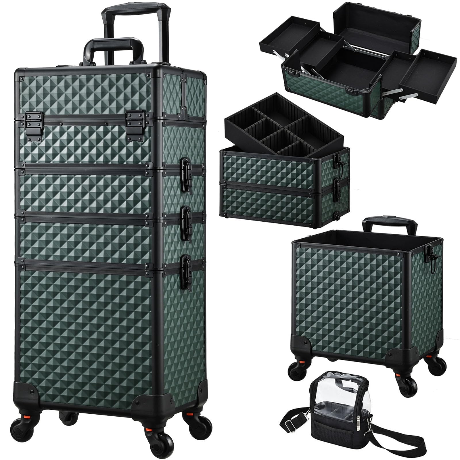 Stagiant Rolling Makeup Case 4 in 1 Cosmetology Case on Wheels Makeup Travel Case with Cosmetic Bag Key Swivel Wheels Salon Barber Case Traveling Cart