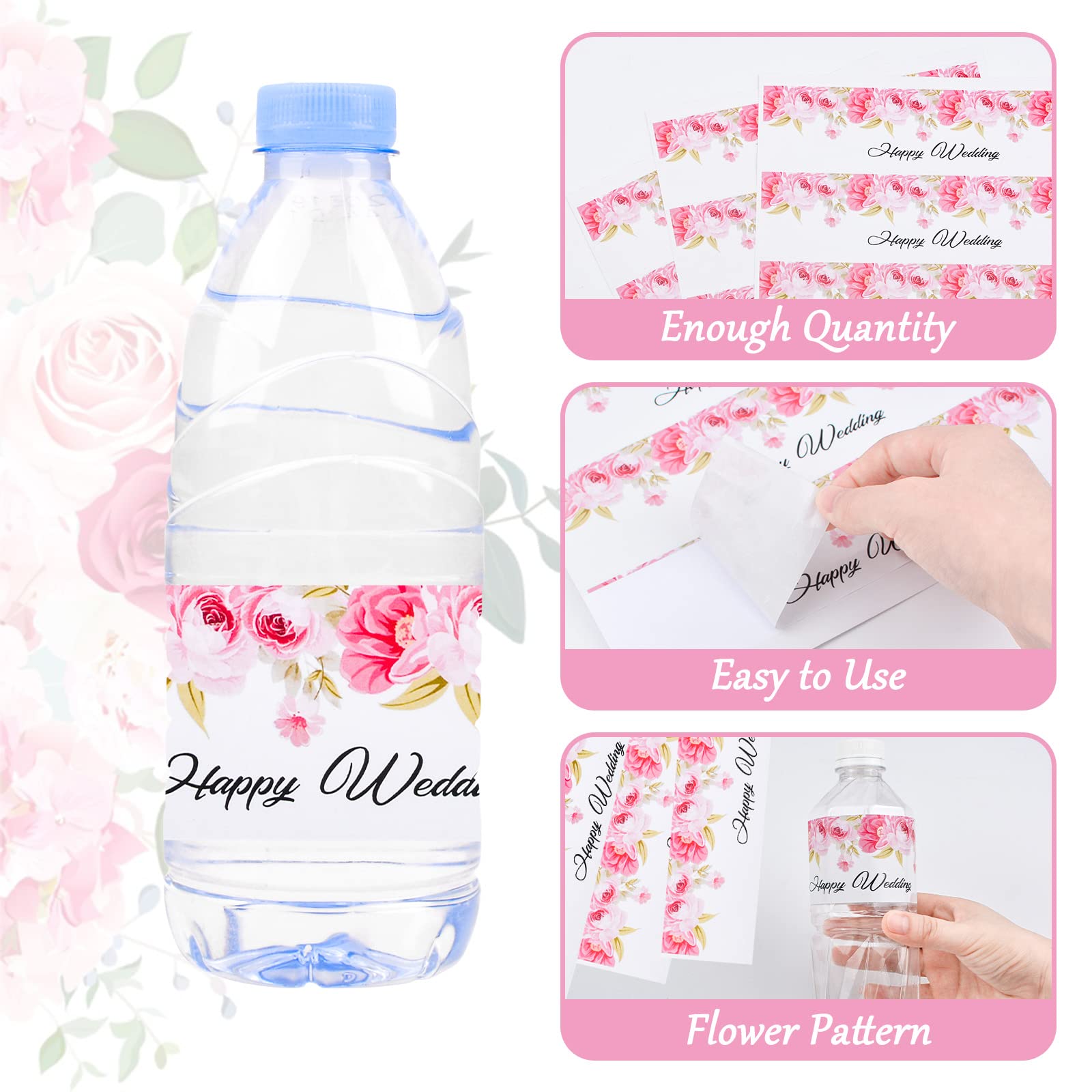 100 Etichette Adesive Per Bottiglie D'acqua, Tema Floreale Con Scritta 'Happy Wedding', Formato 21x5 Cm, Per Matrimoni E Addii Al Nubilato, Colore Rosso - 3