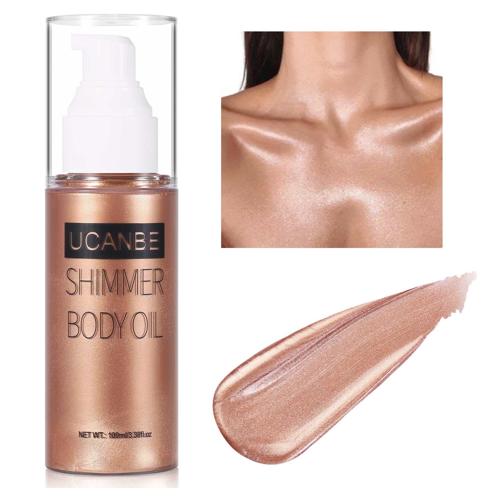 Body Shimmer Oil 100ml, Moisturizing Body Glow Glitter Oil, Waterproof Shimmering Luminizer Liquid Illuminator Highlighter, Tinted Shimmer Lotion Glowing Bronzer Makeup(Rose Gold)
