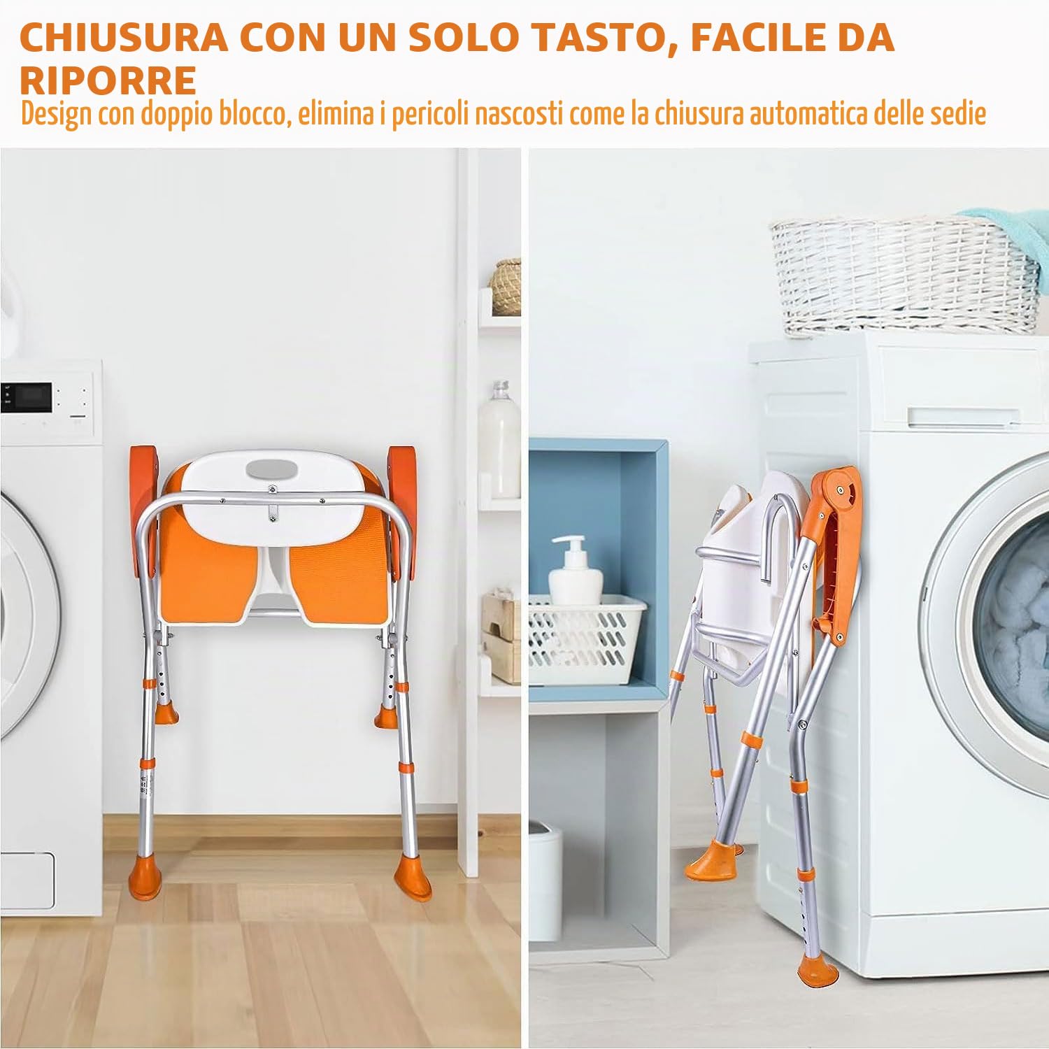 Sedia da doccia per anziani, con braccioli e schienale, pieghevole, portata fino a 180 kg, altezza regolabile, sedia da bagno con piedini antiscivolo (colore arancione, 53 * 58 * 83cm)