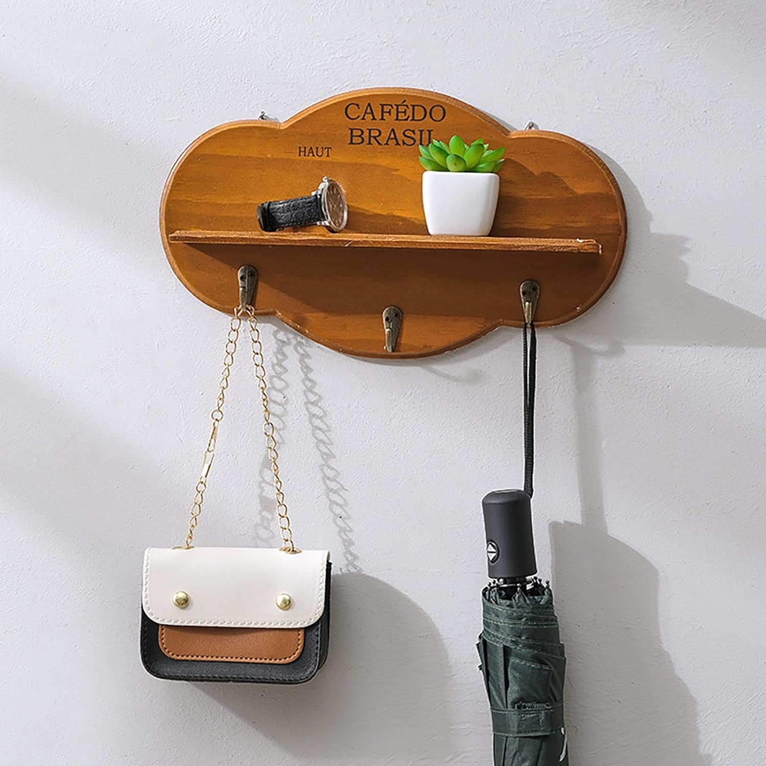 Cloud Cactus Wall Shelf with Dual Storage, Floating Shelf for Entryway, Living Room, Natural Wood Frame & Blue/White Design, Key Holder, Decor Organizer(Blue)