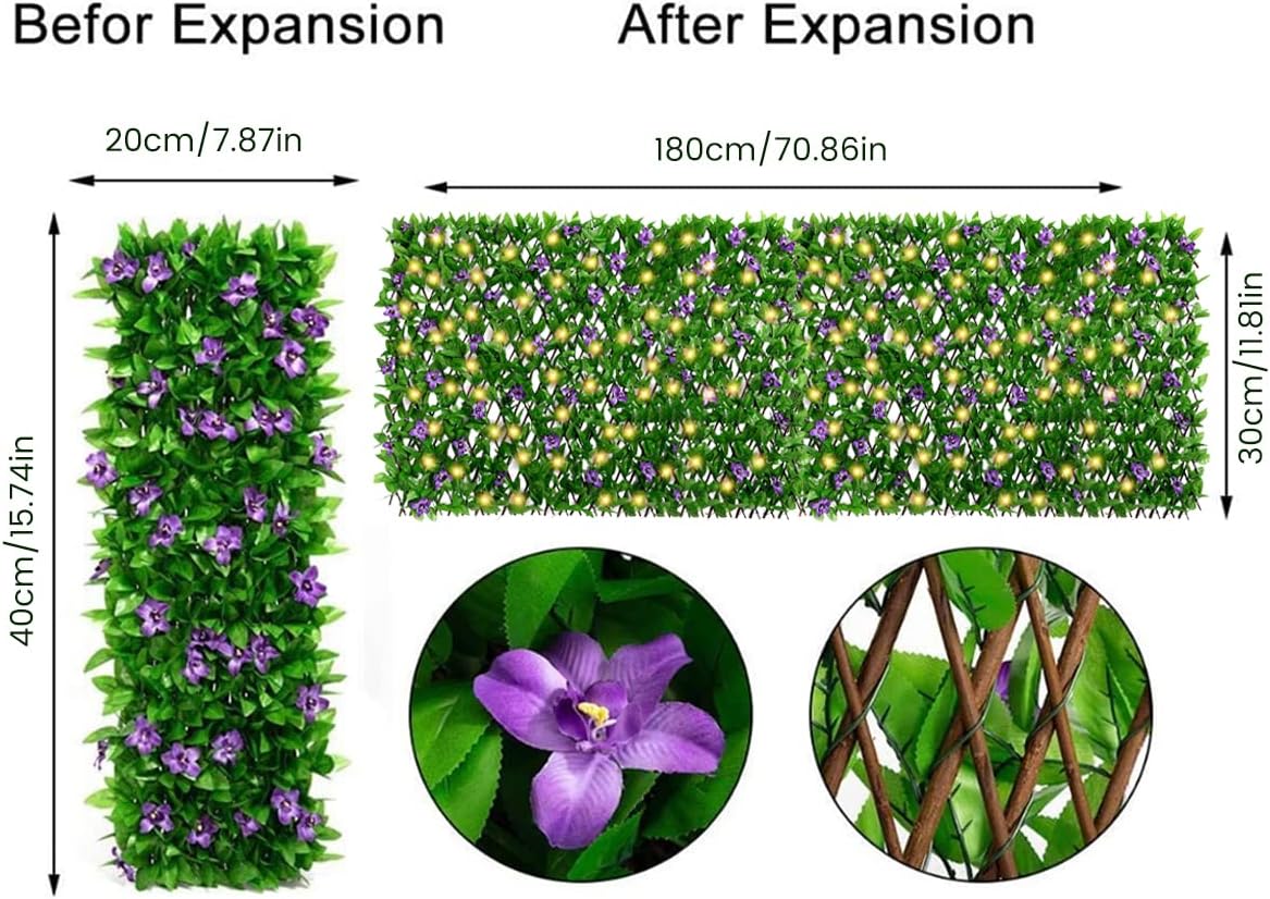 Expandable Fence with Solar String Lights, Ivy Privacy Fence, Waterproof Artificial Leaf Privacy Fence, Faux Trumpet Flower Fence Screen, Violet Hedges Backdrop Decor for Patio, Garden