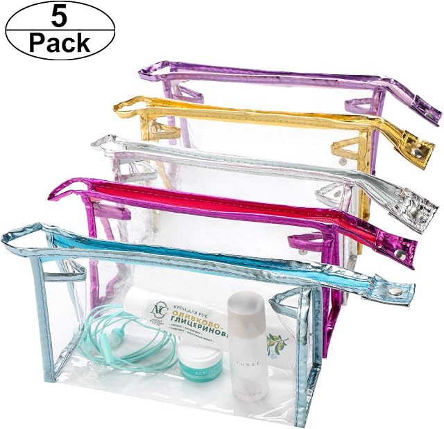 Qkurt 5 Packs Transparent Waterproof Cosmetic Bag With Zipper, Portable PVC Clear Cosmetic Makeup Bag Pouch for Vacation, Travel, Bathroom | Fashion Practical Transparent Bags