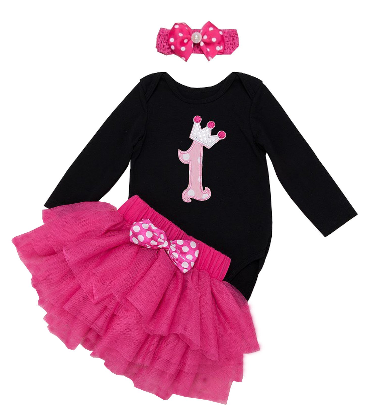 Babypreg Women's Hot Pink Black Baby Girl's Long Sleeves 1St Birthday Tutu Outfit Dress Headband (9-12Months, )