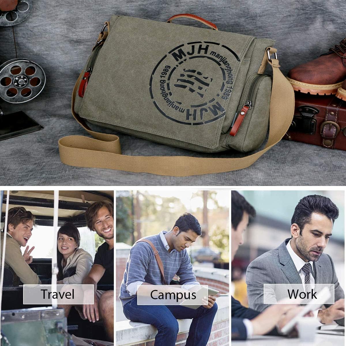 Sac Bandoulière Toile FANDARE Style Rétro - Capacité Tablette 9.7" - Idéal Travail,école,voyage (marron)